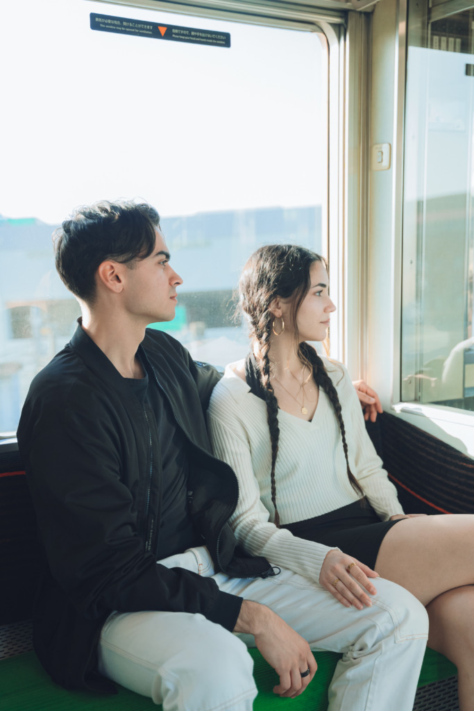 Couple photoshoot in a train in Kyoto Japan