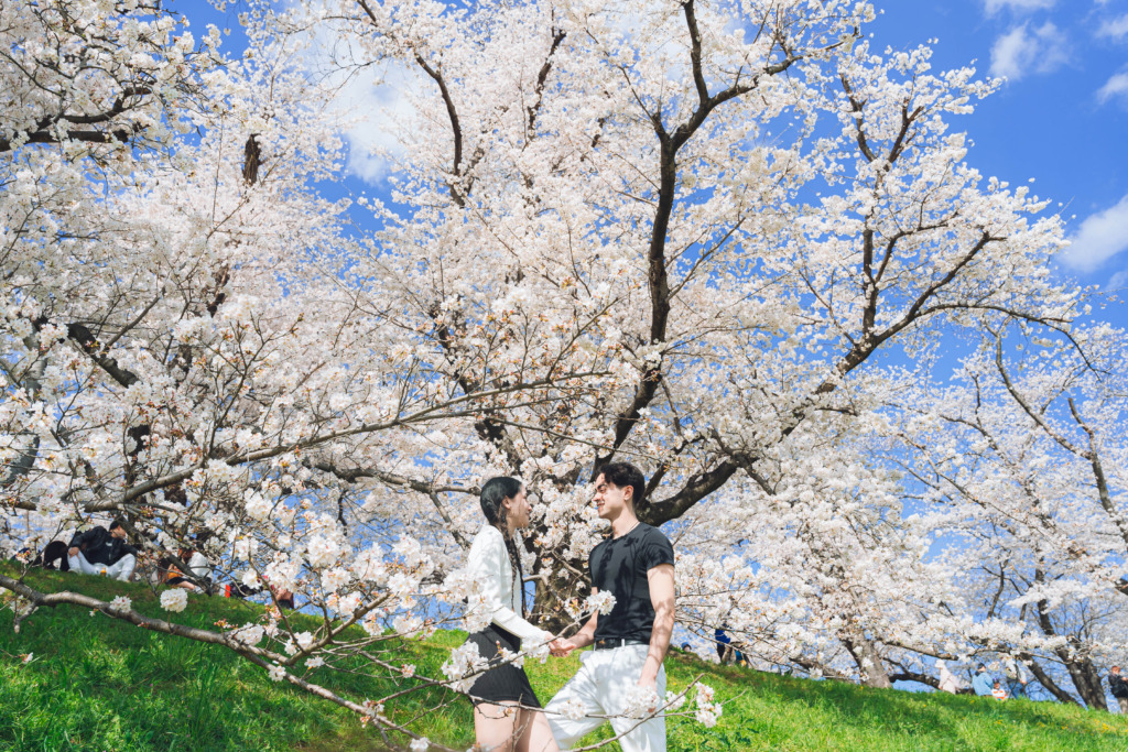 Spring couple photoshoot among sakuras in Kyoto Japan